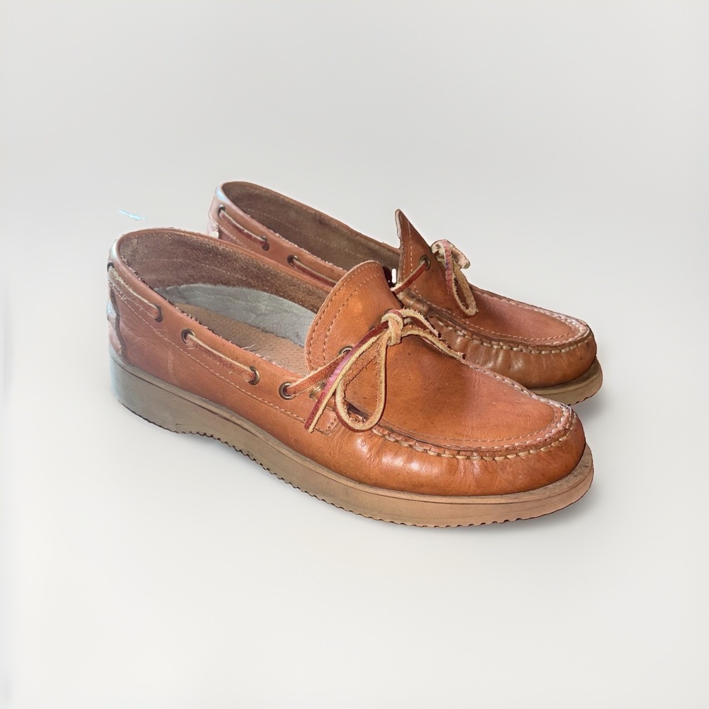 Vintage 80s Leather Boat Shoes Handsewn Moccasin Vibram Sole Deck Women's 9.5